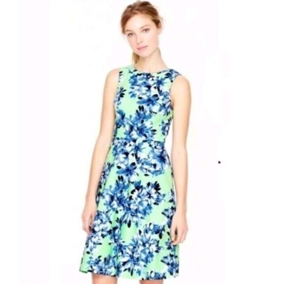 J Crew Sleeveless Fit and Flare Dress Size 4 Green Blue Floral - Picture 1 of 9